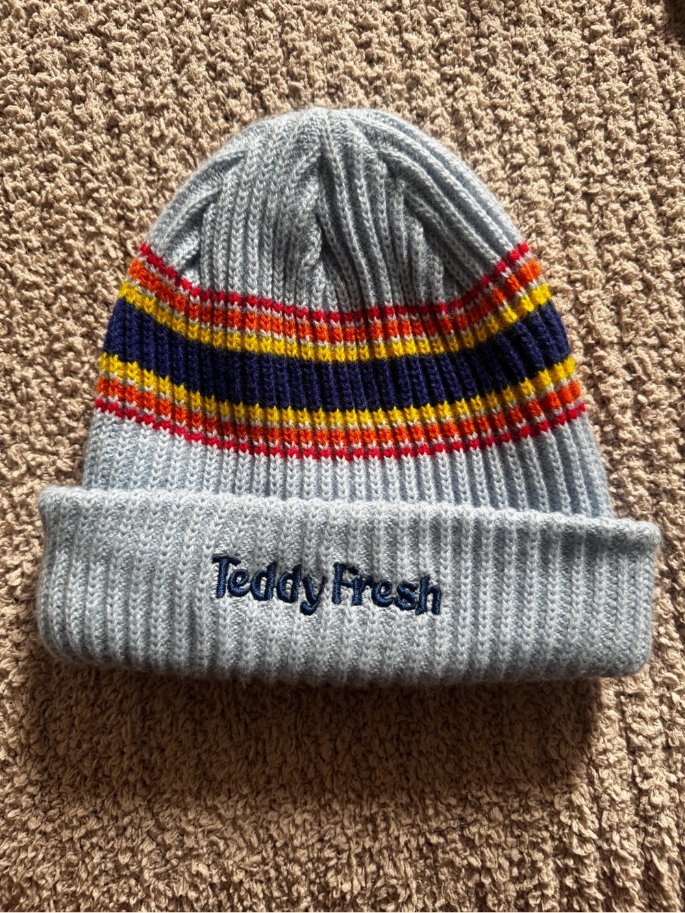 Teddy Fresh Light Blue Heavy Gauge Knit Beanie with Stripe Accents